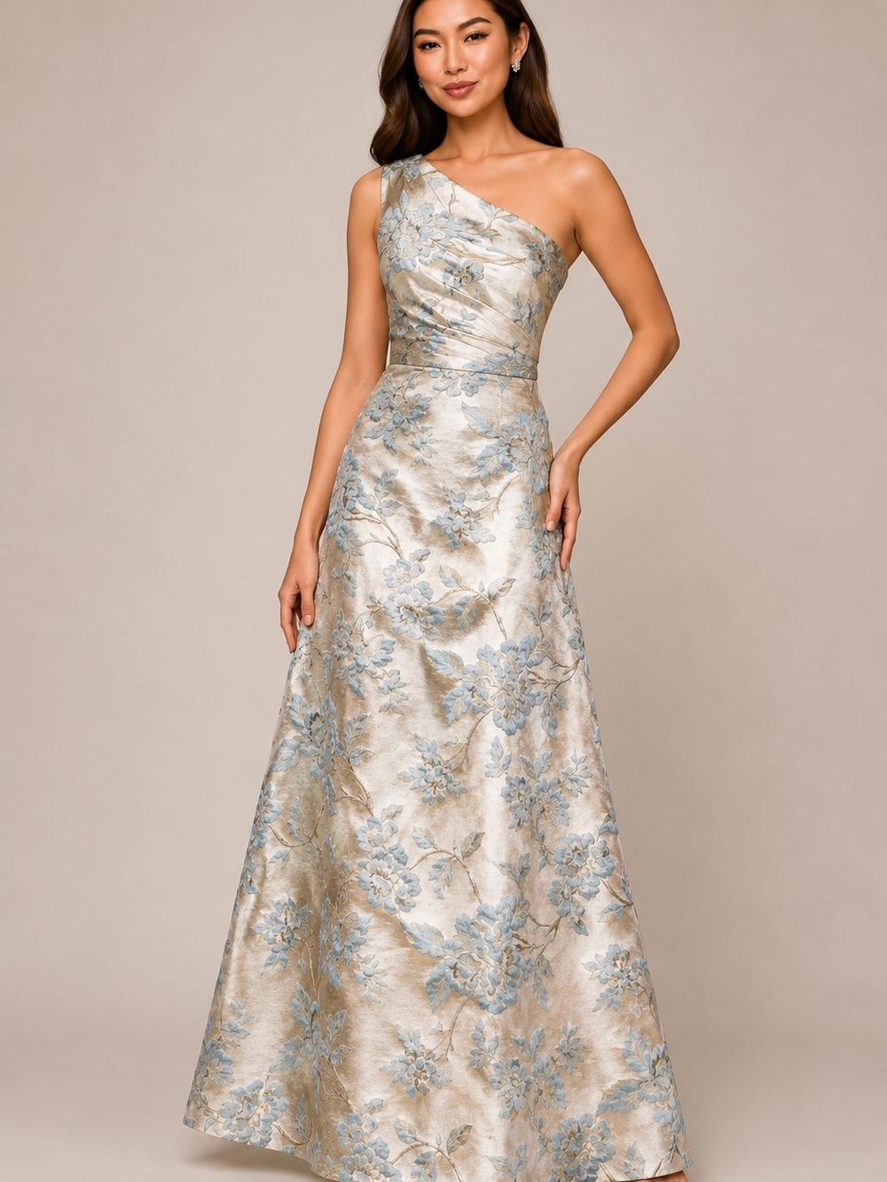 Xscape One-Shoulder Floral Jacquard Gown in Light Blue and Champagne